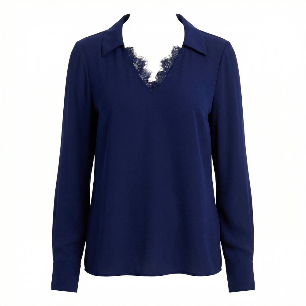 Single Thread Lace Trim Collared Blouse Feminine Button-Down Top